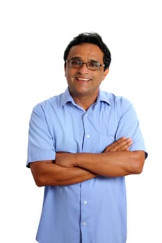 indian latin businessman with glasses and blue shirt isolated on white
