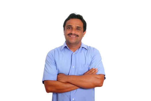 Indian latin businessman with blue shirt isolated on white background