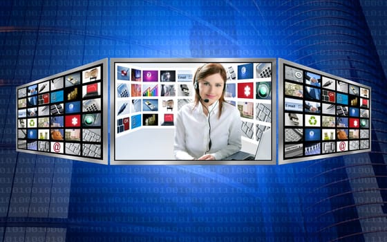 Beautiful news tv redhead woman on 3d display multi monitor