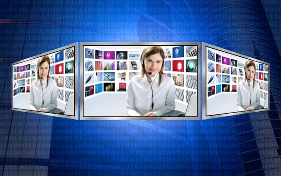 Beautiful news tv redhead woman on 3d display multi monitor