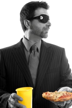 businessman eating junk fast food, studio white background
