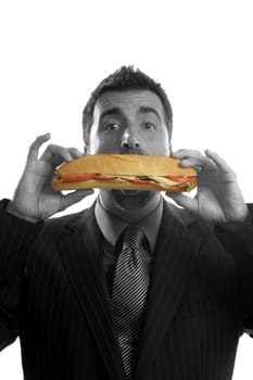 businessman eating junk sandwich fast food, studio white background