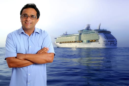 Indian latin tourist man in his sea vacation with a cruise in the background