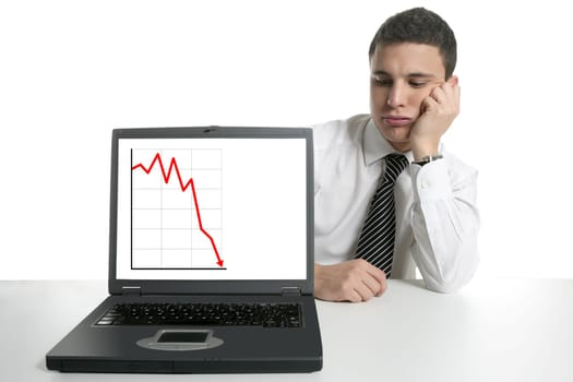 Businessman with laptop computer, bad news, isolated on white