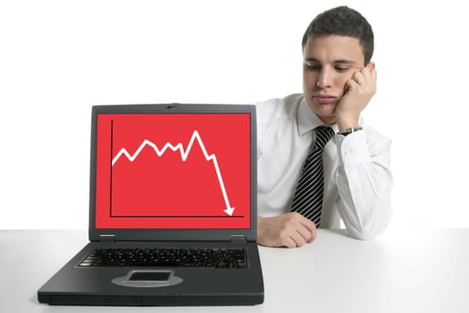 Businessman with laptop computer, bad news, isolated on white