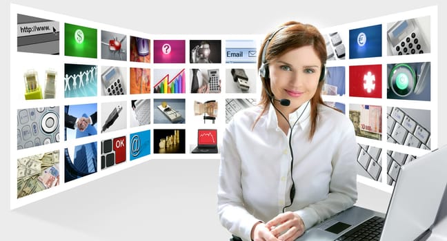 Business redhead beautiful woman headset micro headphones tech helpdesk