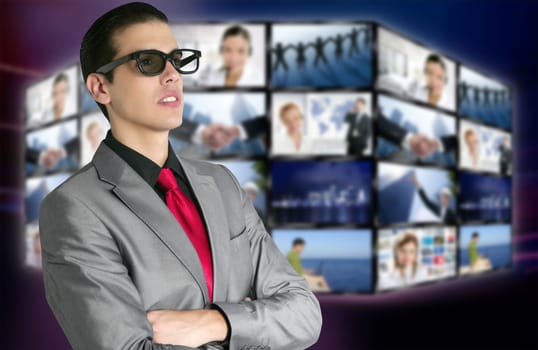Cinema in new 3D glasses with boy spectator watching movie on cinema