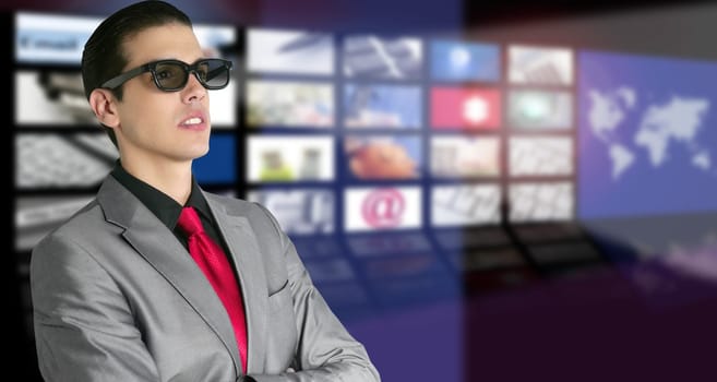 Cinema in new 3D glasses with boy spectator watching movie on cinema