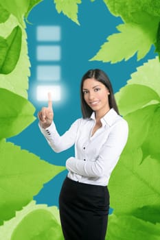 Brunette ecological businesswoman touching transparent key pad, ecology symbol