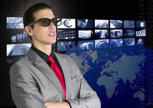 Cinema in new 3D glasses with boy spectator watching movie on cinema