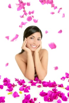 Beautiful indian woman portrait with bougainvilleas flowers over white