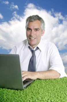 senior businessman working green grass desk outdoor blue sky