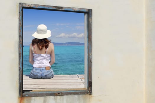 tourist woman view window sit tropical sea turquoise Formentera