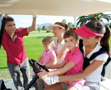 golf course mothers and daughters in buggy talking father
