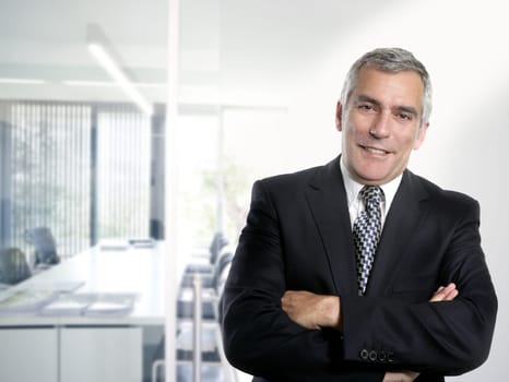 senior expertise gray hair businessman posing interior white modern office