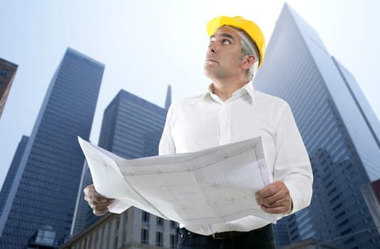 expertise architect senior engineer plan looking up city construction buildings