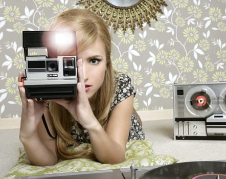 camera retro photo woman in vintage room wallpaper