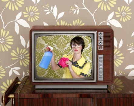 ad tv commercial retro nerd housewife cleaning chores wood television