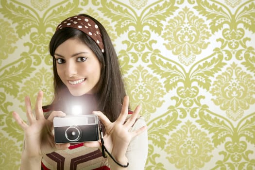 Retro photo camera shooting woman green sixties wallpaper vintage