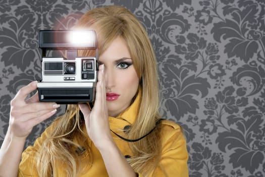 fashion photographer retro camera reporter woman vintage wallpaper yellow coat