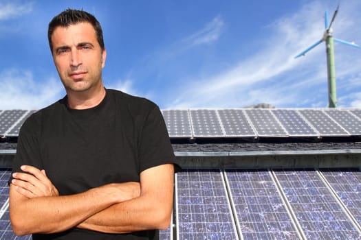 Green electric energy solar plates man portrait ecology