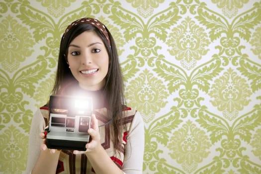 Retro photo camera shooting woman green sixties wallpaper vintage