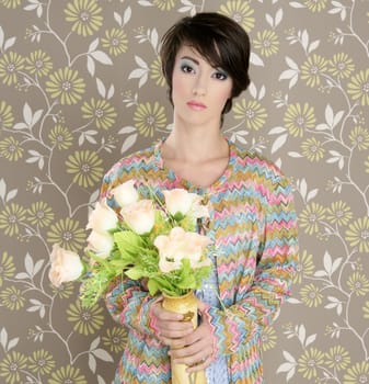 retro woman portrait 60s fashion vintage flowers vase wallpaper