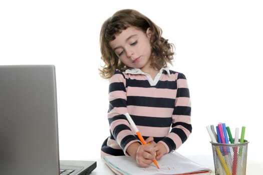 Drawing girl with marker on desk with laptop white background