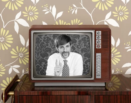 tv presenter mustache man in wooden retro television brown wallpaper