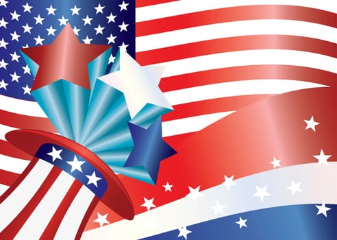 Fourth of July Hat with Bursting Stars and Stripes and US Flag Illustration