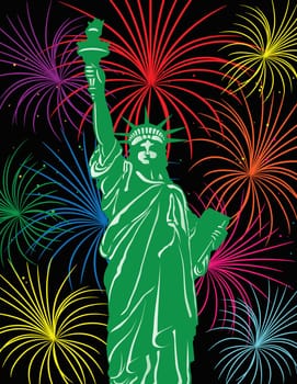 Statue of Liberty on Staten Island in New York City with Fireworks Background Illustration