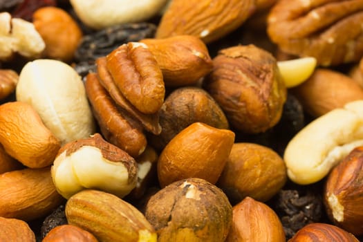 Mixed nuts with raisins.Background.
