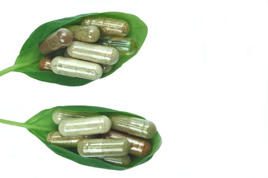 Herbal capsules on basil leaves