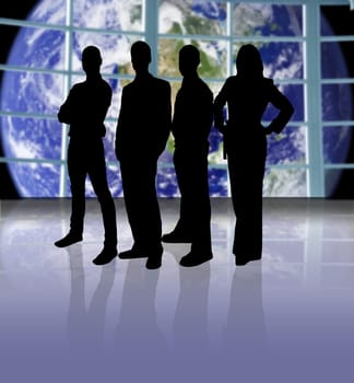Business team on a space ship looking at planet earth