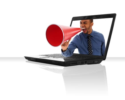 a black laptop computer with a red megaphone