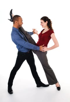 young multi ethnic couple beautiful dancing on white