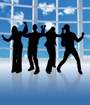happy business team in a big window office