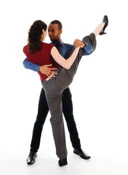 young multi ethnic couple beautiful dancing on white
