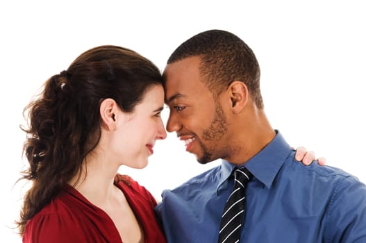 cute young multi ethnic couple in love on white