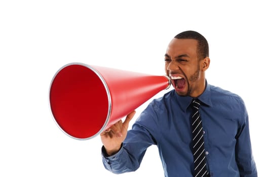 African-american business man yelling in a red megaphone
