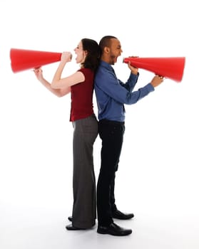 two business people on isolated white with red megaphones