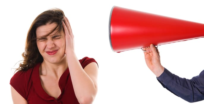 business man with megaphone harrassing colleague