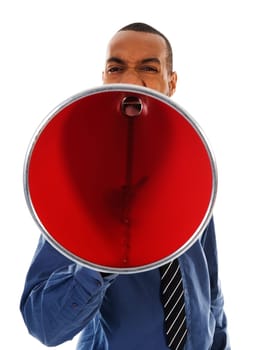 African-american business man yelling in a red megaphone