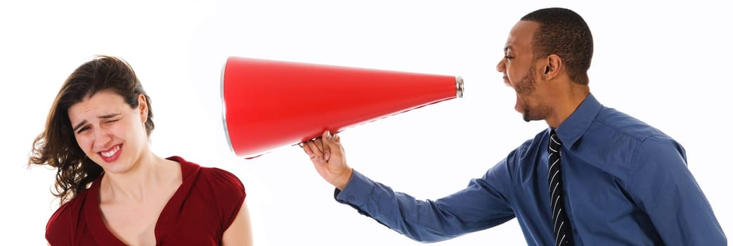 business man with megaphone harrassing colleague