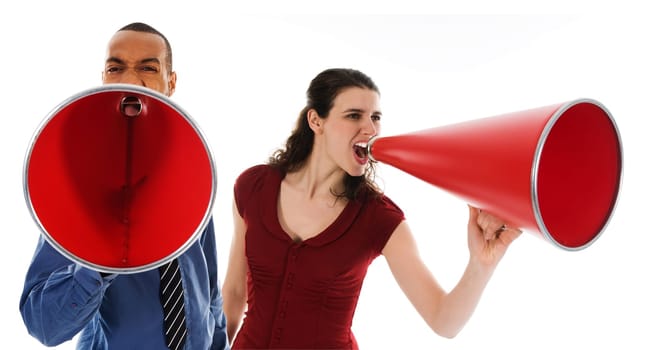 business team yelling in a red megaphone