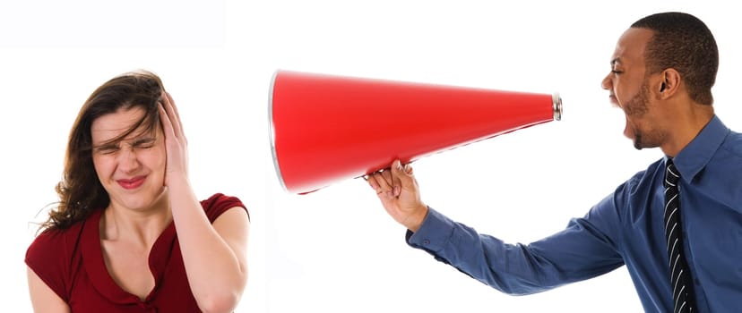 business man with megaphone harrassing colleague