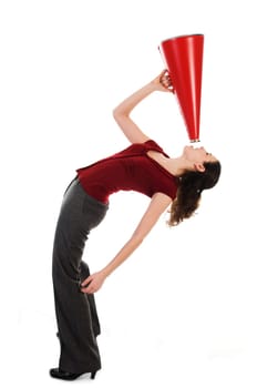 business woman with a red megaphone on white