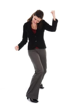 happy dancing business woman on a white background