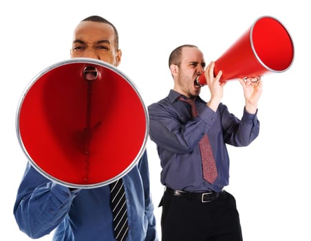African-american business man yelling in a red megaphone