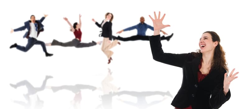 happy dancing business woman on a white background